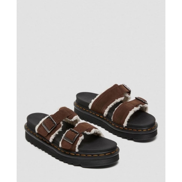 Dr. Martens Shoes - Dr. Martens Myles Suede Fur- Lined Buckle Slide Sandals